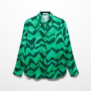 Mango Satin Printed Green Black Print Shirt Size 2 NWT